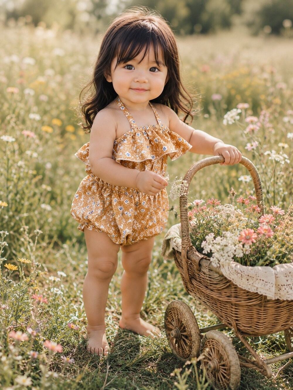 EUC Crew & Lu Golden Floral Flounce Top Playsuit Romper 12-18mths